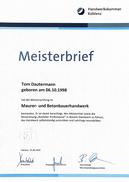 Meisterbrief Maurer- und Betonbauerhandwerk