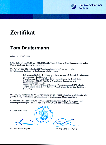 Zertifikat Grundlagenseminar Bauvorlageberechtigung